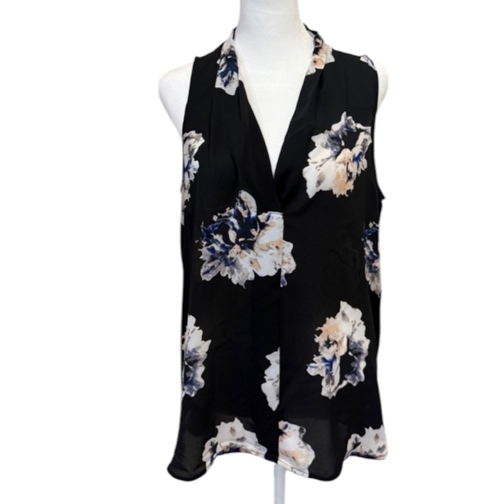 Vince Camuto Black Floral Sleeveless V-Neck Blouse Top Womens Medium